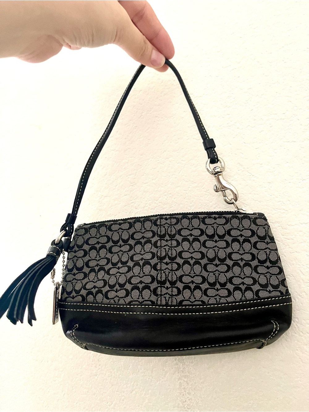 Coach Black & Gray Signature Jacquard Wristlet with Tassel